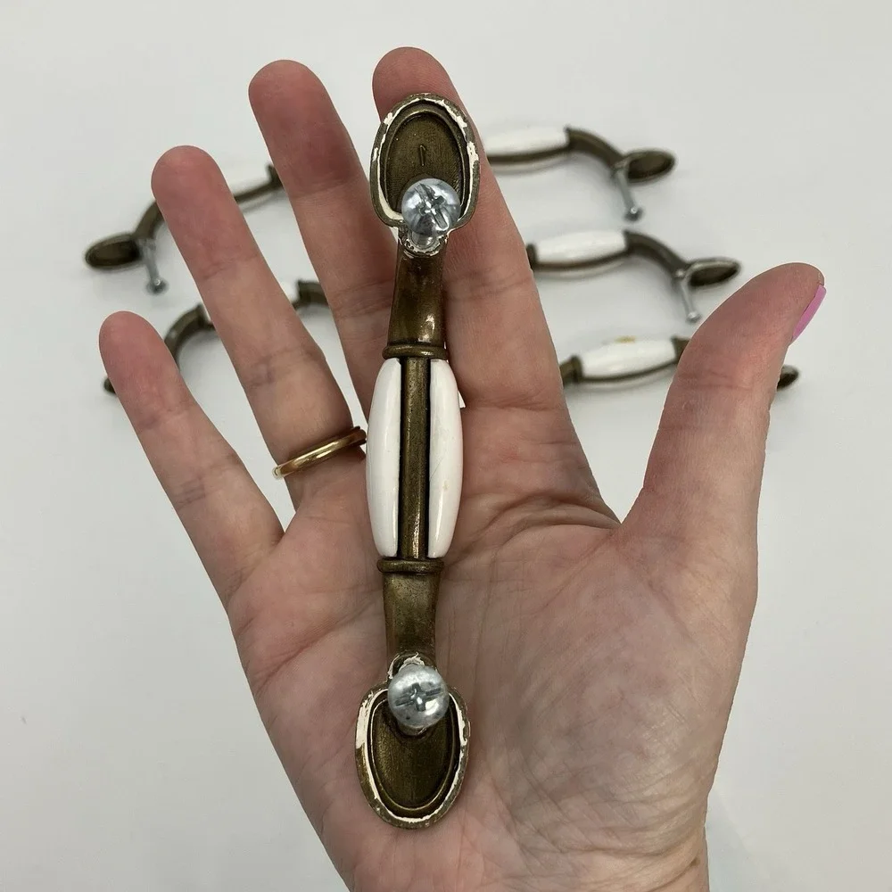 Vtg. 6 Floral Ceramic Drawer Pulls Brass Hardware 3 Inch Center Cottagecore Farm
